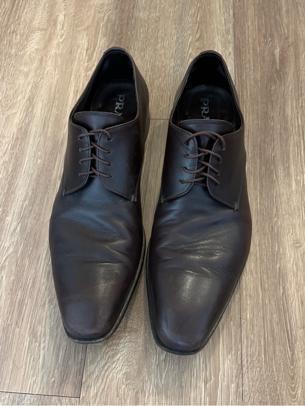 Prada Men's Dark Brown Leather Derby Dress Shoes - Picture 3 of 11